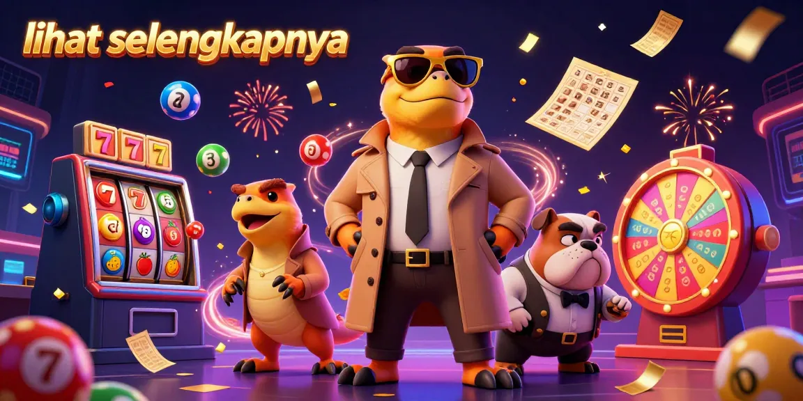 Melihat selengkapnya, ilustrasi 3D tiga raptor dalam jas trench berusaha memasuki kasino VIP dikelilingi simbol permainan.