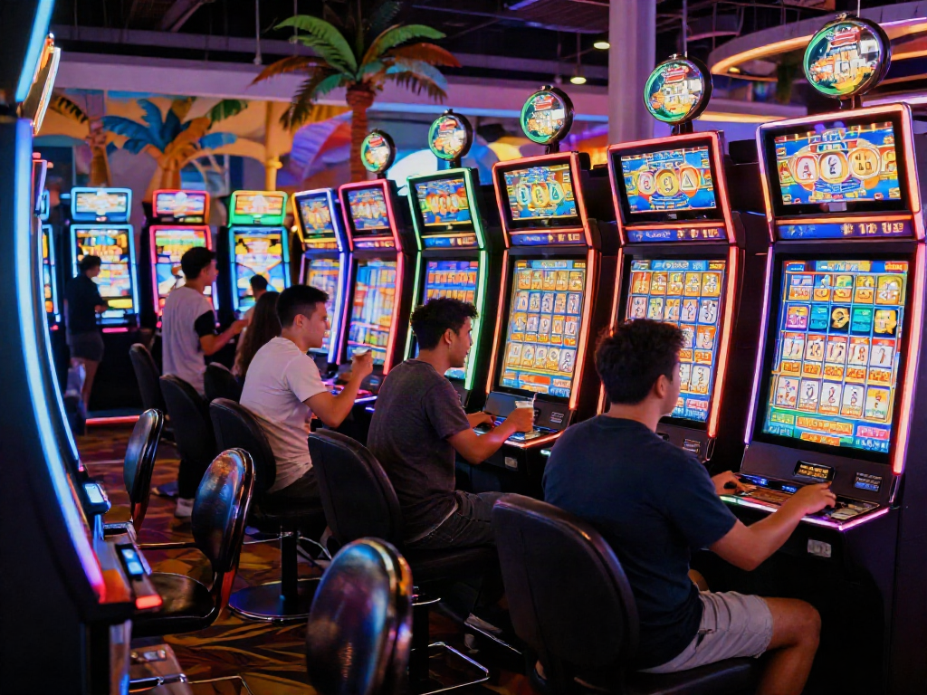 Exciting players enjoying thrilling toto slot machines in a vibrant casino atmosphere.