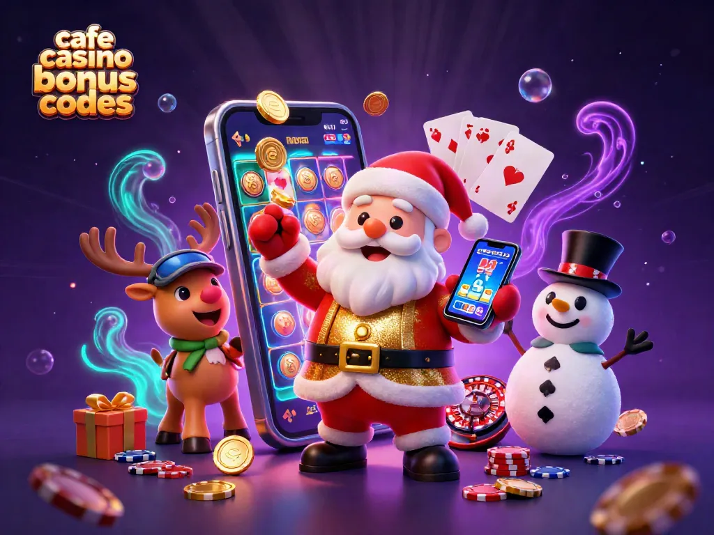 Experience casino excitement with cafe casino bonus codes featuring cartoon Santa and friends.