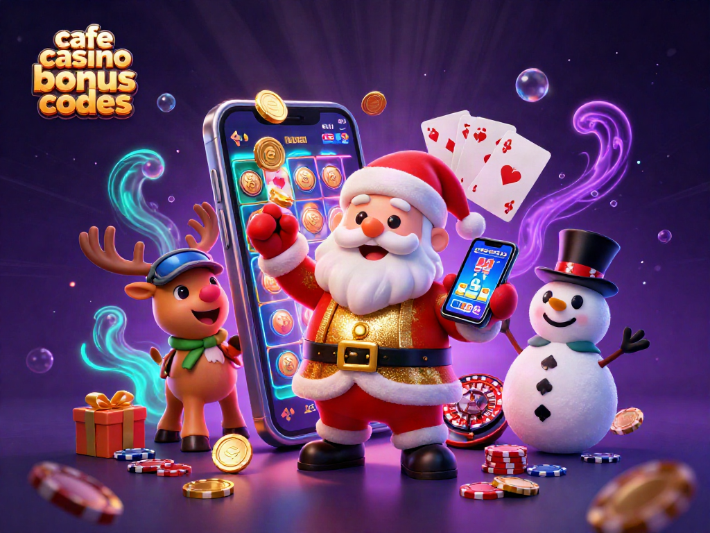 Experience casino excitement with cafe casino bonus codes featuring cartoon Santa and friends.