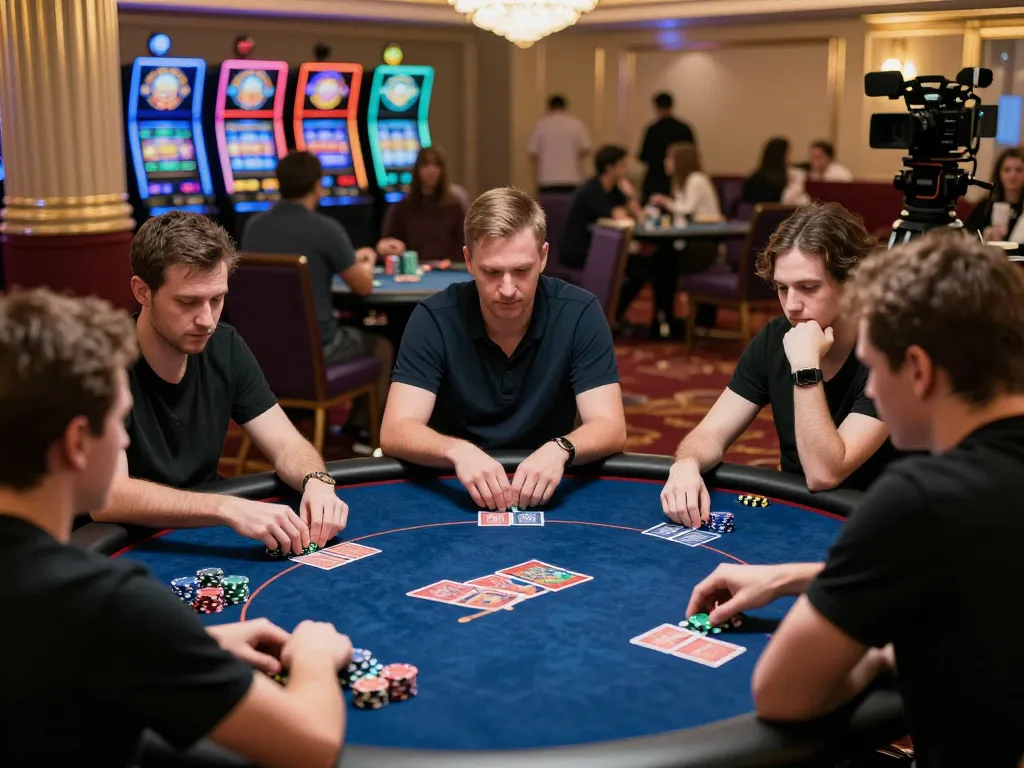 IDNSCORE showcases an intense poker game at a luxurious casino table, highlighting players' strategies and focus.