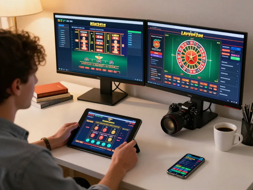 Engaging in strategic gameplay at w188 com casino from a modern home setup, with multiple screens showing vibrant game interfaces.