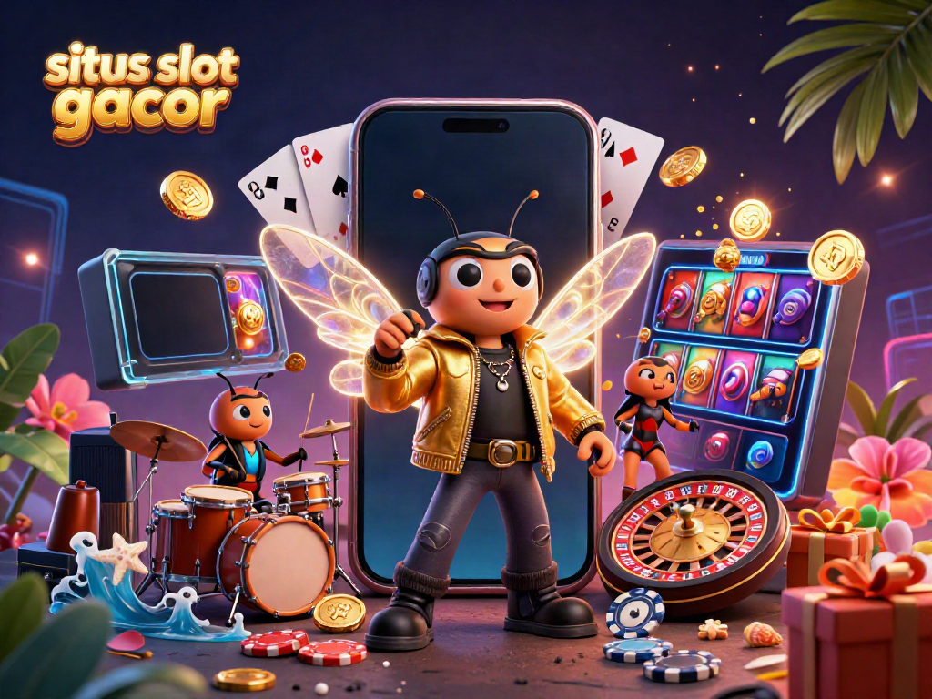 Ilustrasi 3D cerah situs slot gacor menampilkan cicada rock star dan drummer