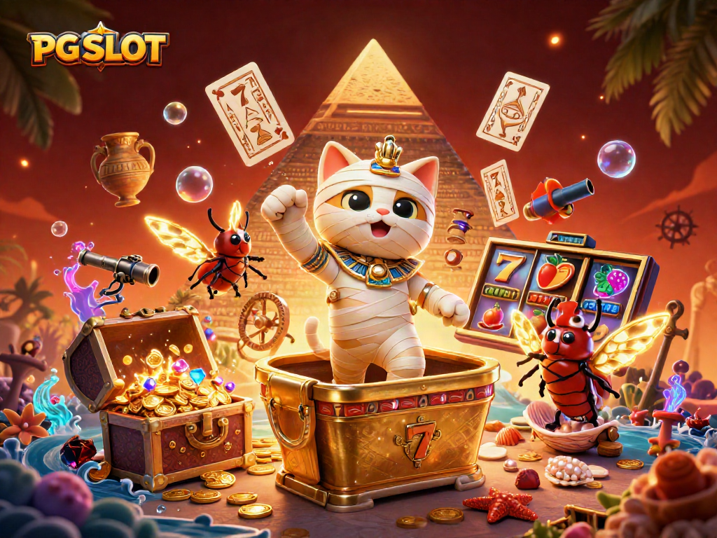 Experience the thrill of PG SLOT with vibrant symbols bursting from a golden sarcophagus.