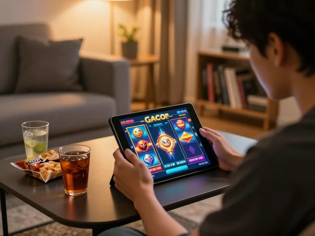 Player enjoying a gacor slot game on tablet at home, surrounded by snacks and warm lighting.