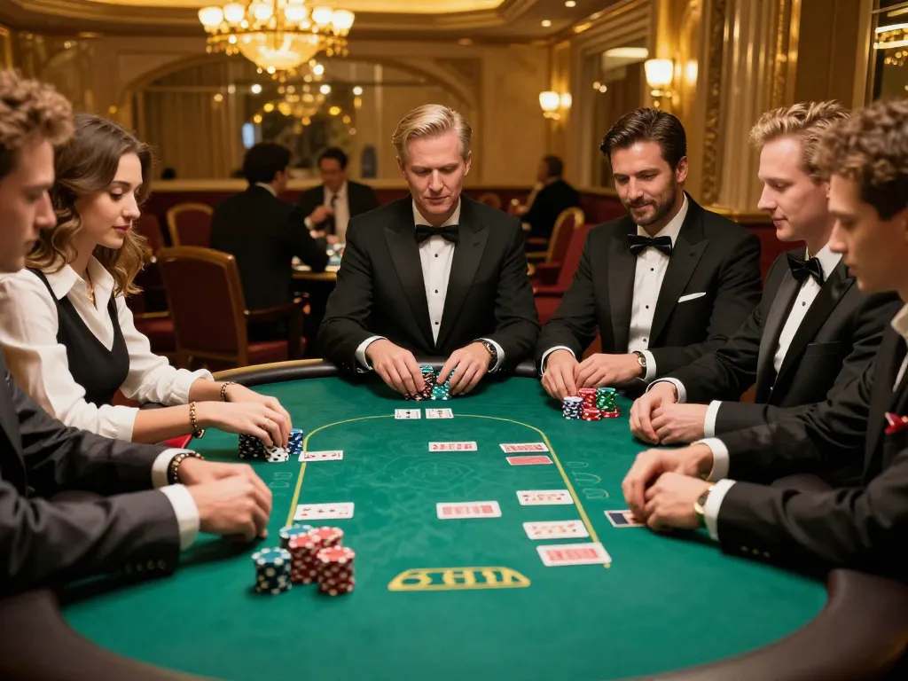 Players strategizing at a poker table in a luxurious casino setting, showcasing sc88 gaming thrill.
