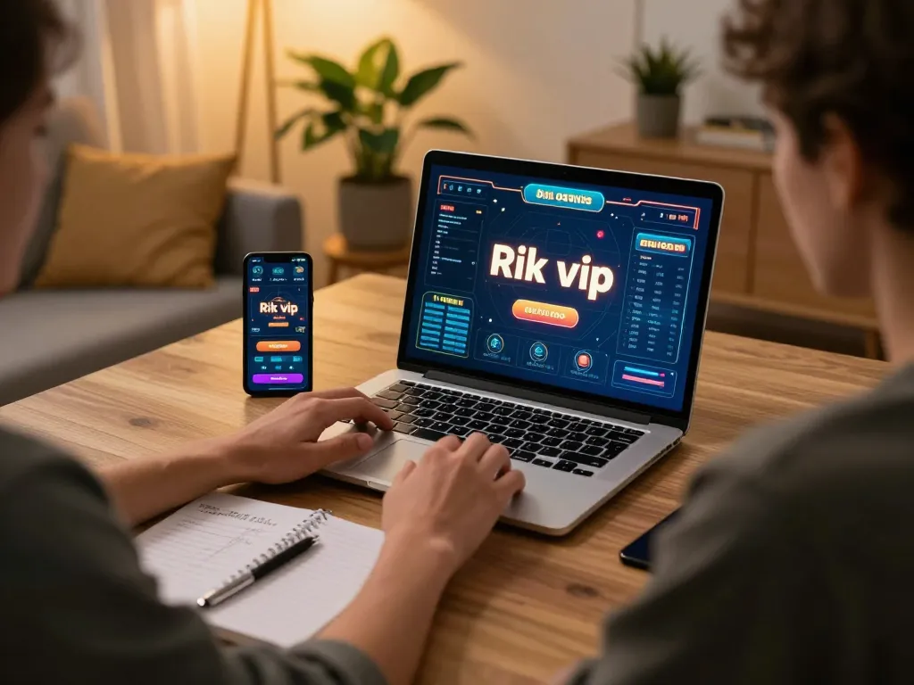 Engaging in online gaming with Rik vip on laptop, showcasing a cozy home setup with a notepad of strategies
