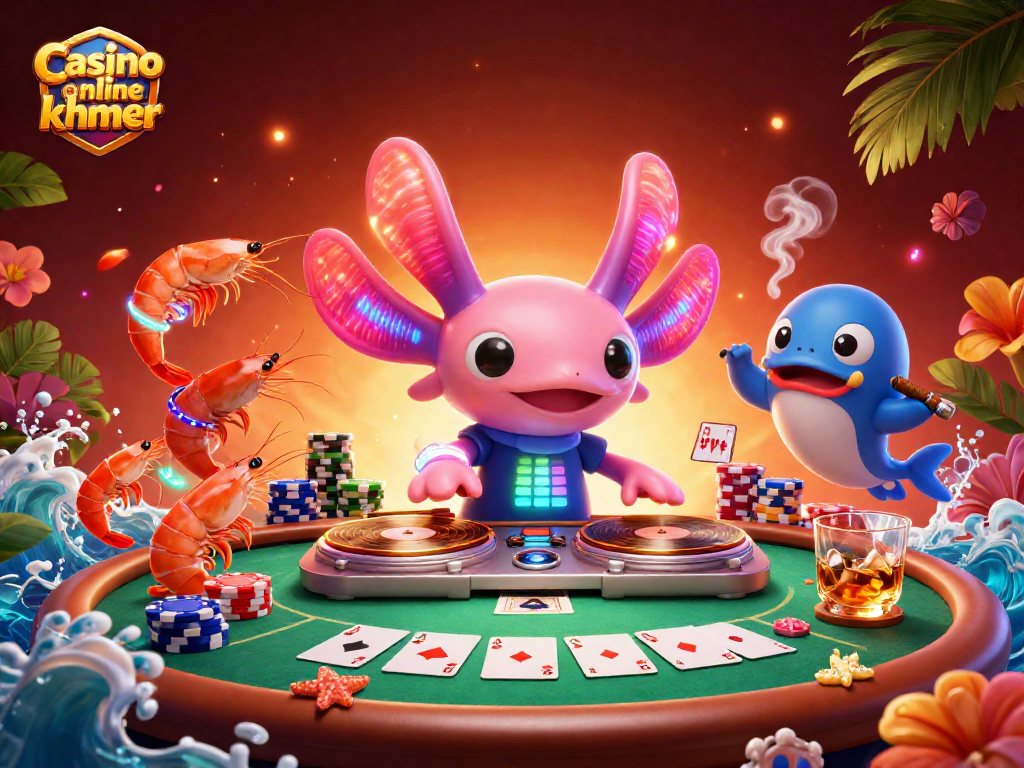Experience the vibrant Casino online khmer atmosphere with a colorful 3D scene of an axolotl DJ at an underwater poker party.