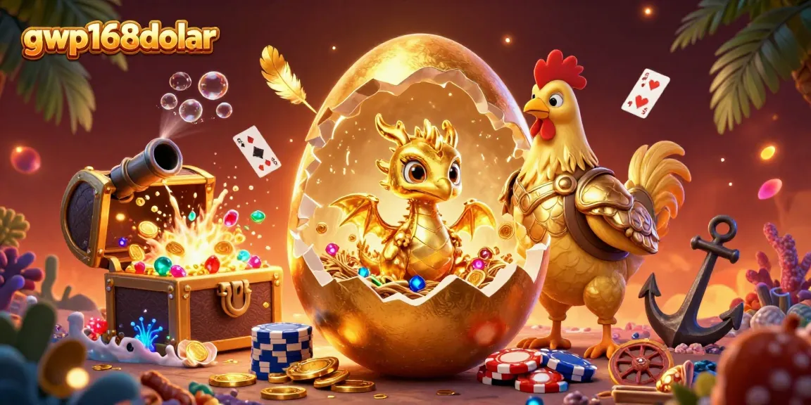 GWP168Dolar menampilkan permainan kasino online dengan simbol emas dan chip poker yang dinamis.