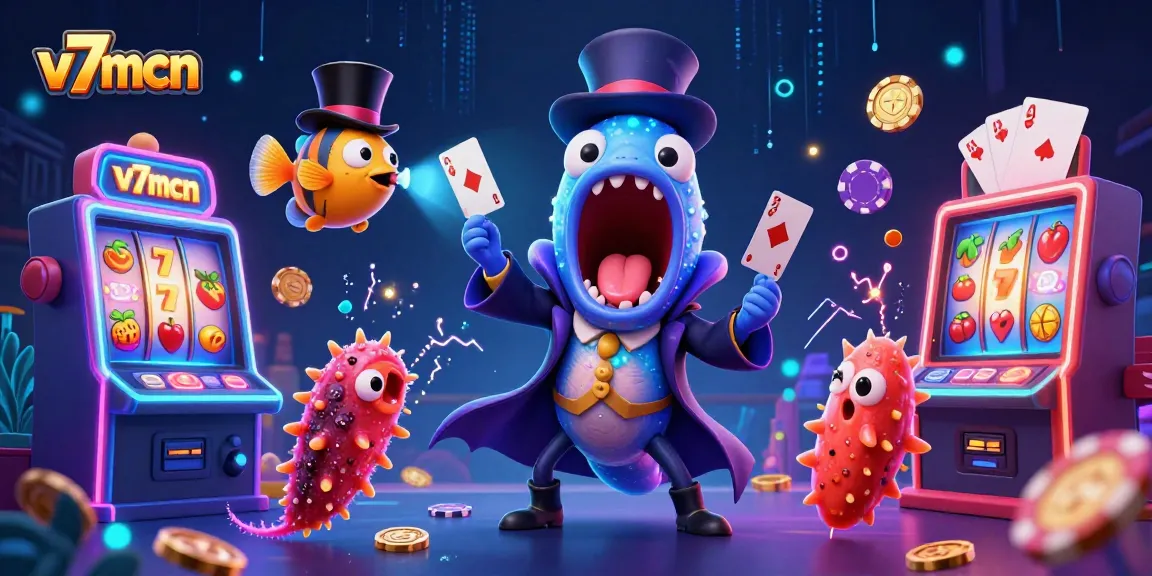 Experience thrilling gameplay with v7mcn's bioluminescent eel showcasing card tricks in a vibrant casino atmosphere.