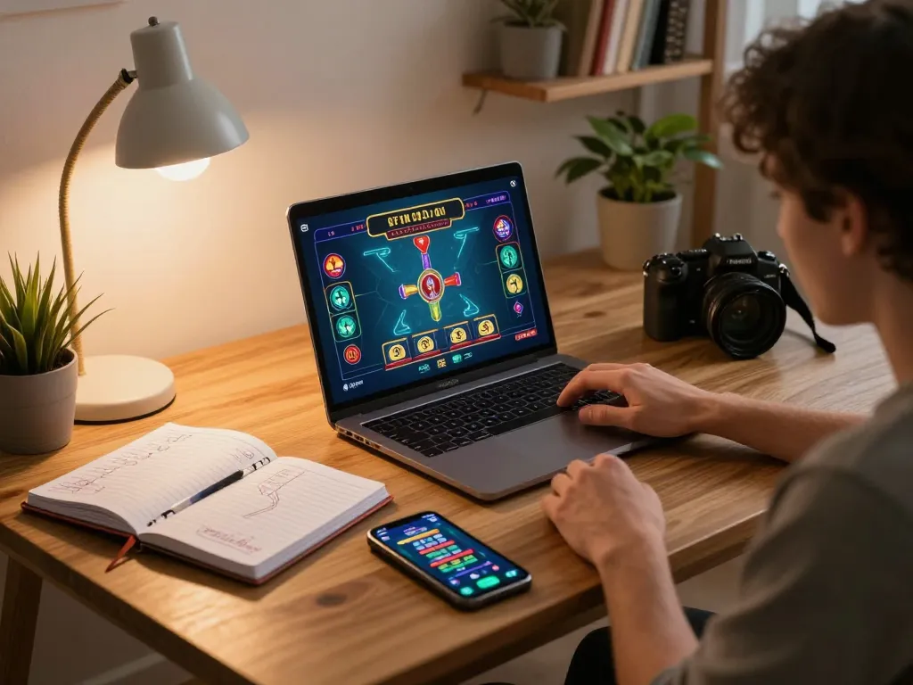 Player using nk88mvp for online casino gaming in a cozy home environment, showcasing strategy notes and betting app