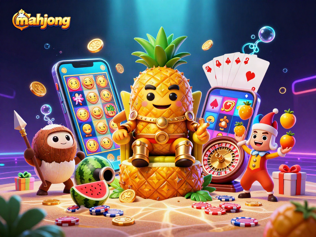 Experience exciting mahjong action in a vibrant 3D casino illustration, featuring a golden pineapple king.