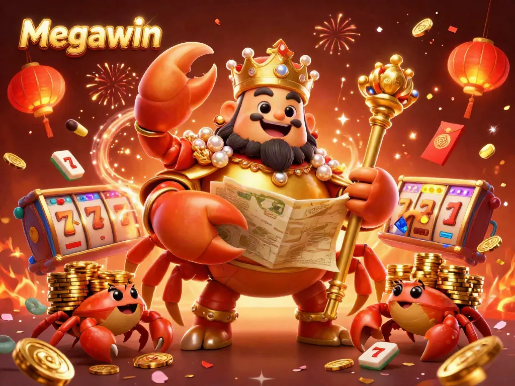 Menggali jackpot dengan Megawin, karakter kepiting emas raksasa dikelilingi mahalan slot dan elemen perayaan.