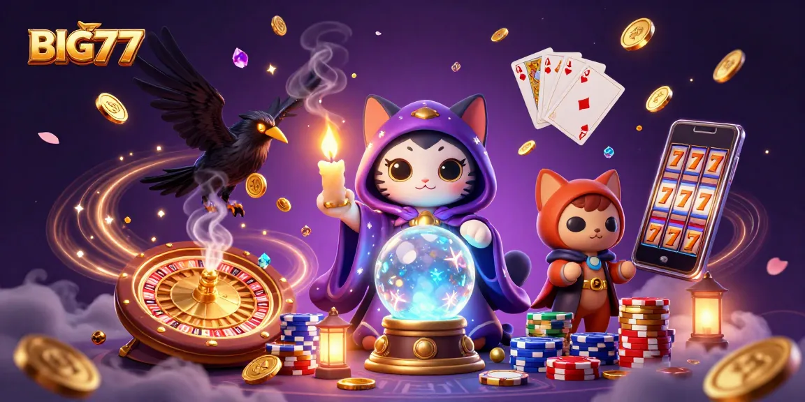 Engage with BIG777 at the vibrant casino scene filled with golden coins, cards, and lucky symbols.