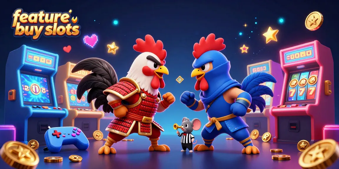Engage with thrilling feature buy slots as roosters battle in a colorful casino arena.