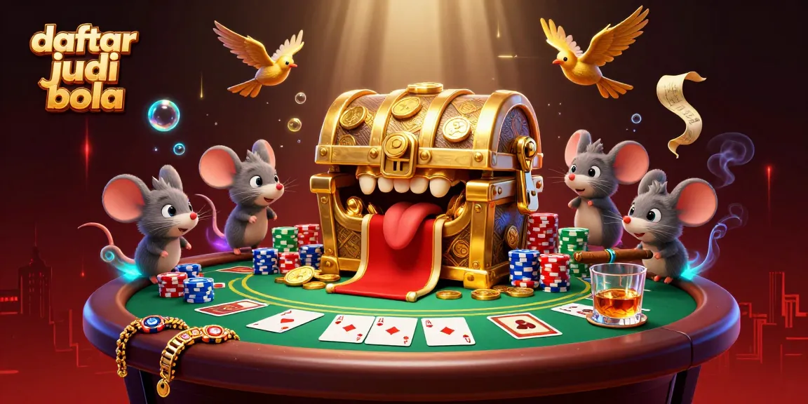 Engaging illustration of daftar judi bola, showcasing poker elements with a treasure chest, attracting adventurer mice with vibrant details.