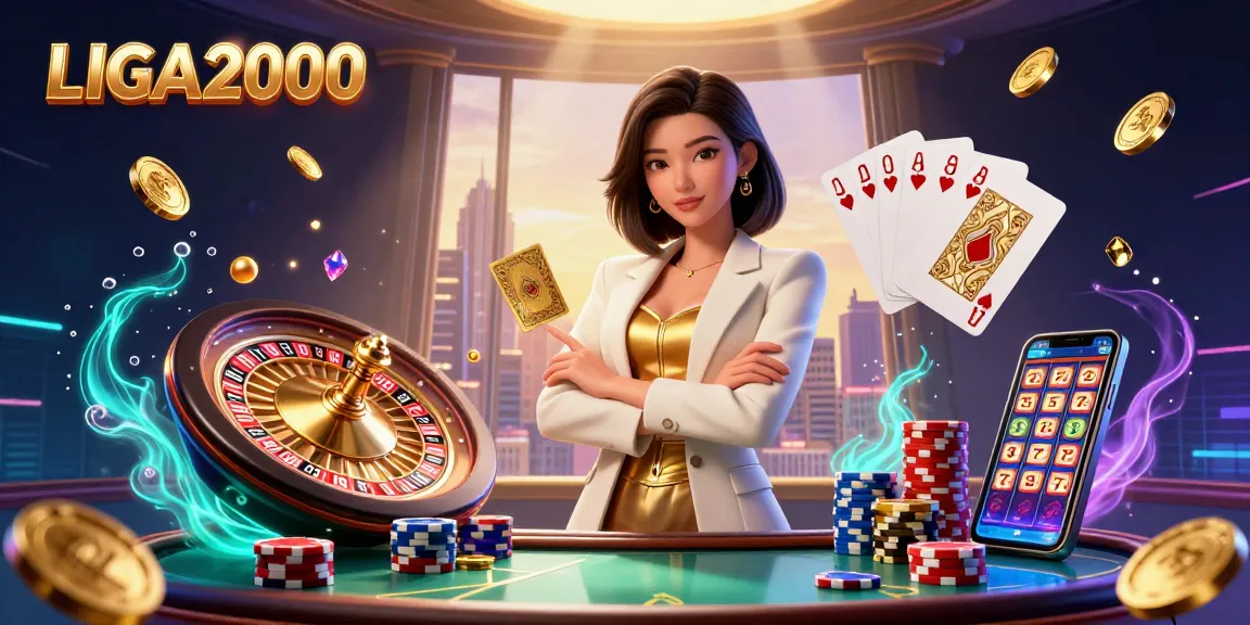 LIGA2000 menampilkan seorang wanita pengusaha Asia yang kuat dalam suasana kasino yang glamor, mewakili energi kemenangan dengan kartu dan mesin slot.