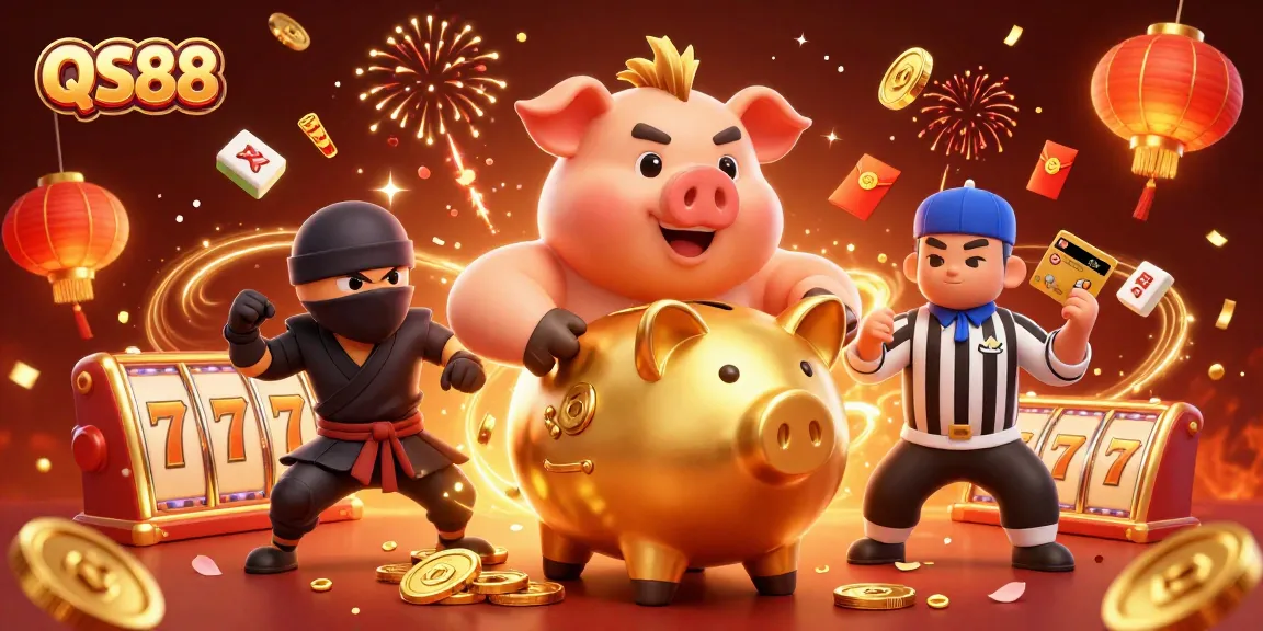 QS88 online gaming promotional illustration with vibrant characters and dynamic elements.