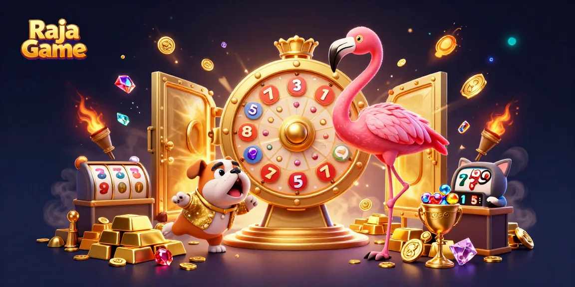 Spin the giant prize wheel on Raja Game with a flamingo host and bulldog contestant among gold treasures.