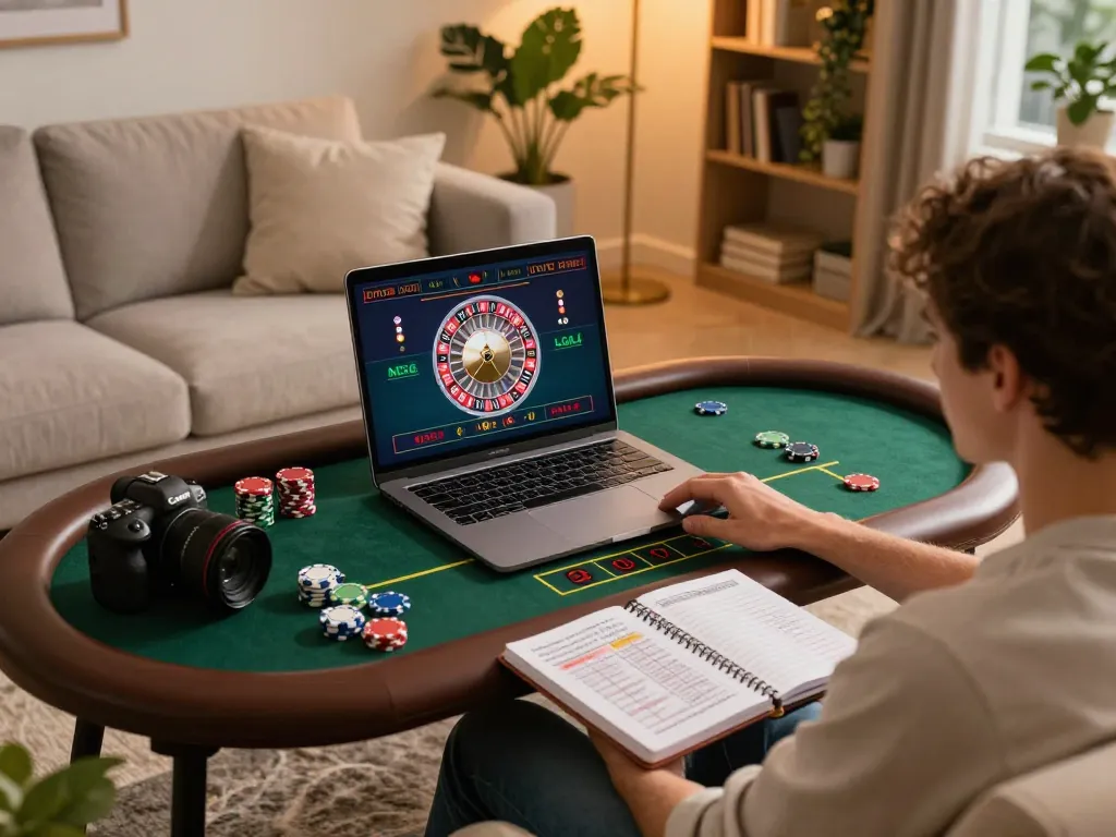 UGDEWA roulette gameplay on a laptop in a cozy home setting near strategic notes and chips