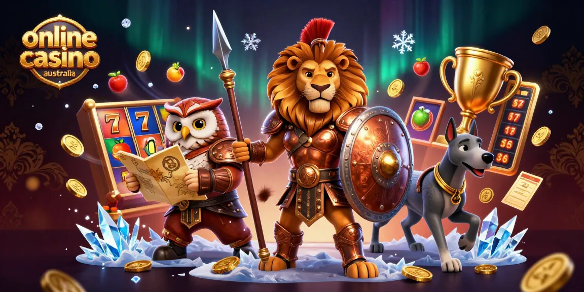 Experience excitement at top online casino Australia with slot reels, big wins, and vibrant characters.