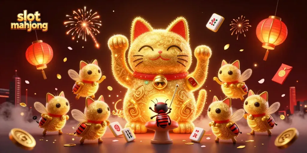 Experience thrilling slot mahjong action in an enchanting casino scene with vibrant characters and festive elements.
