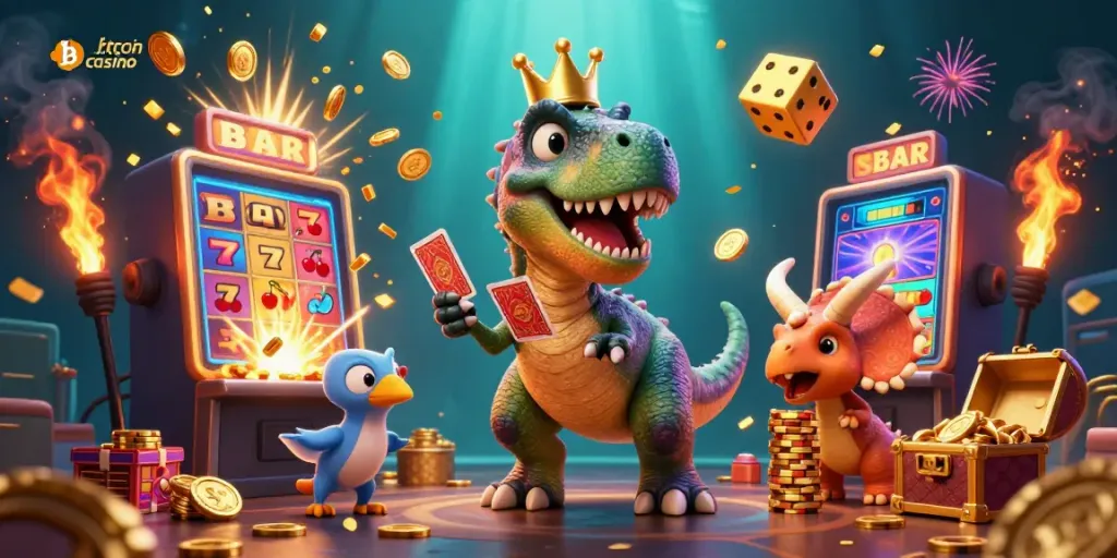 Engaging scene depicting a playful bitcoin casino with a T-Rex, Pterodactyl, and Triceratops among vibrant gaming elements.