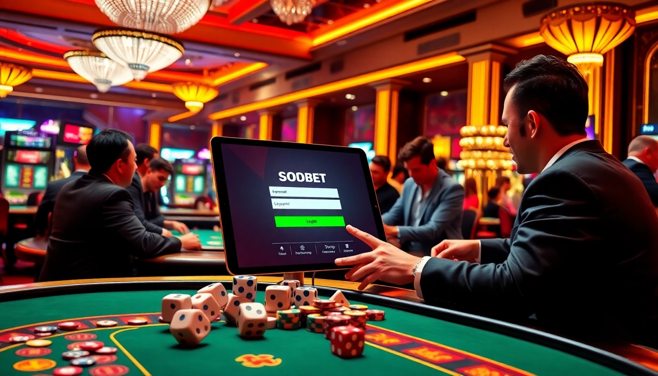 Experience thrilling sbobet login at a vibrant online casino table with players enjoying exciting games.