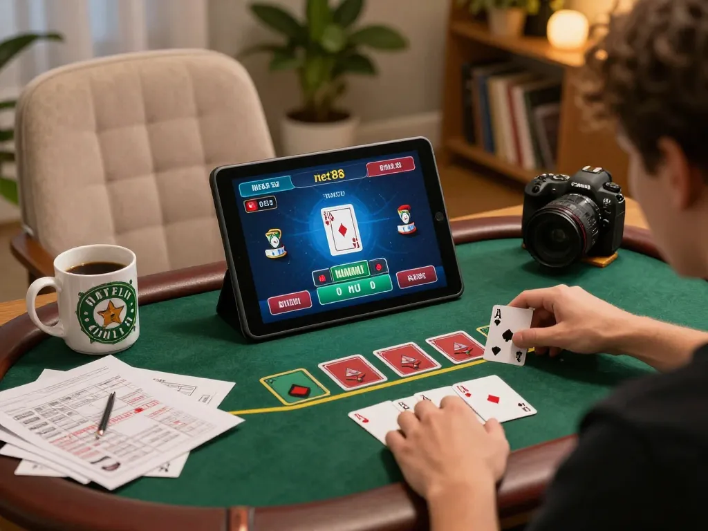 Player enjoying a blackjack game on a tablet while strategizing for net88 casino.