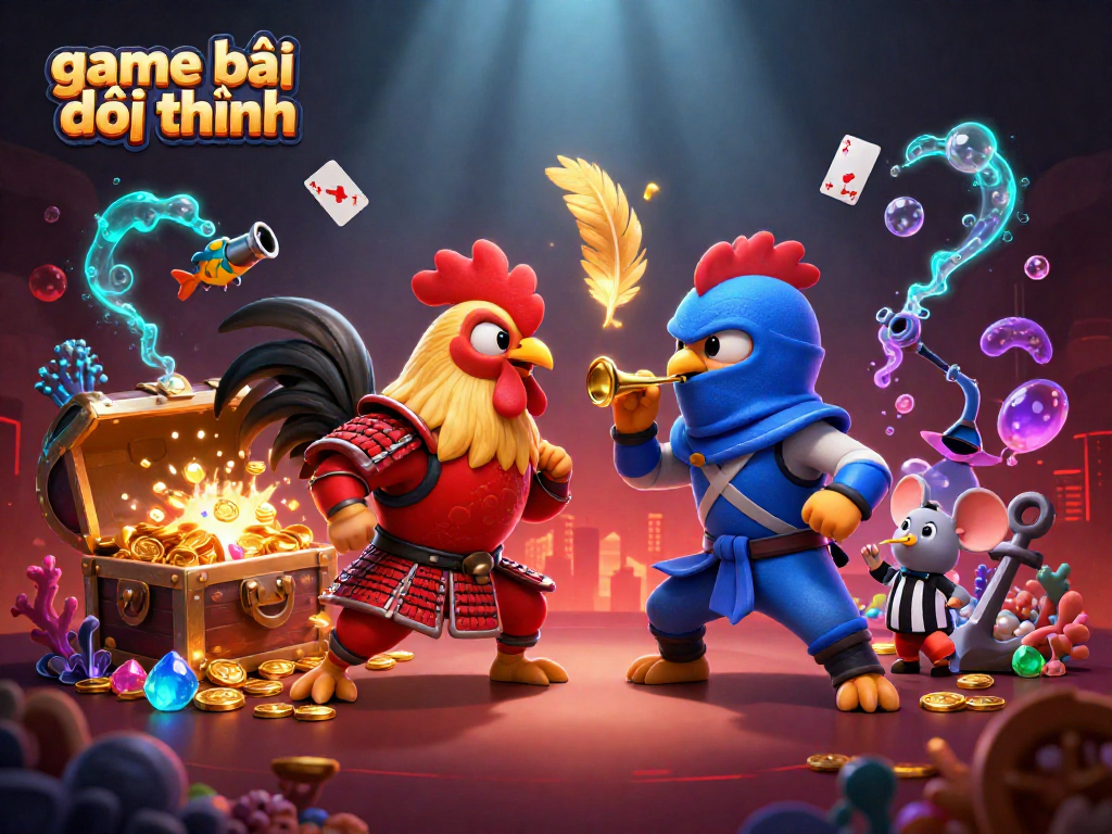 Engage in game bài đổi thưởng with a dramatic showdown between roosters in a colorful illustration filled with casino elements.