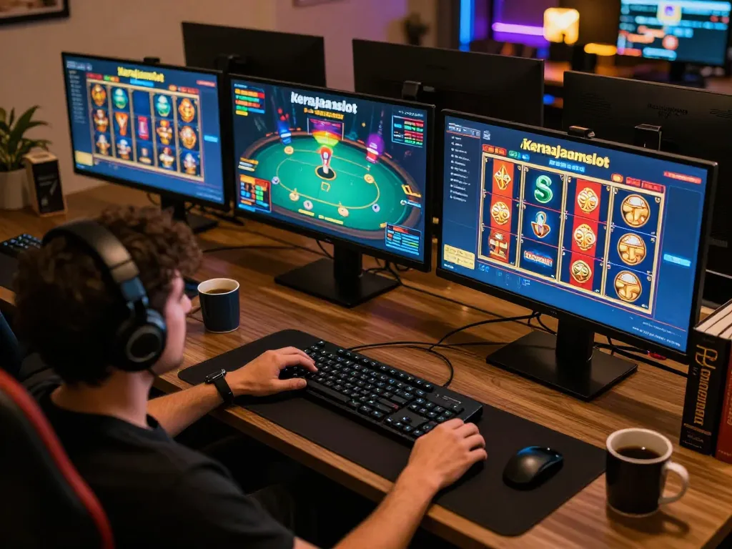 Engaging online gaming scene with kerajaanslot games displayed on multiple screens, depicting relaxed strategy.