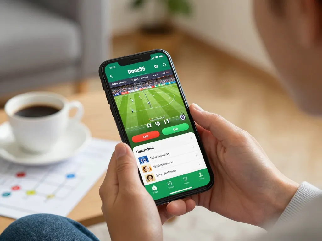 Player engaging with Done55 app, capturing excitement of real-time sports betting in a cozy setting.