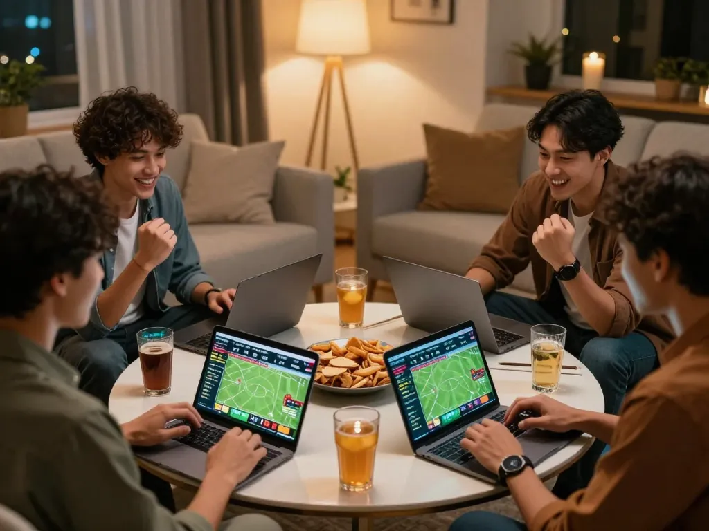 Friends engaging in sports betting with kèo nhà cái apps on smartphones, joyful atmosphere.
