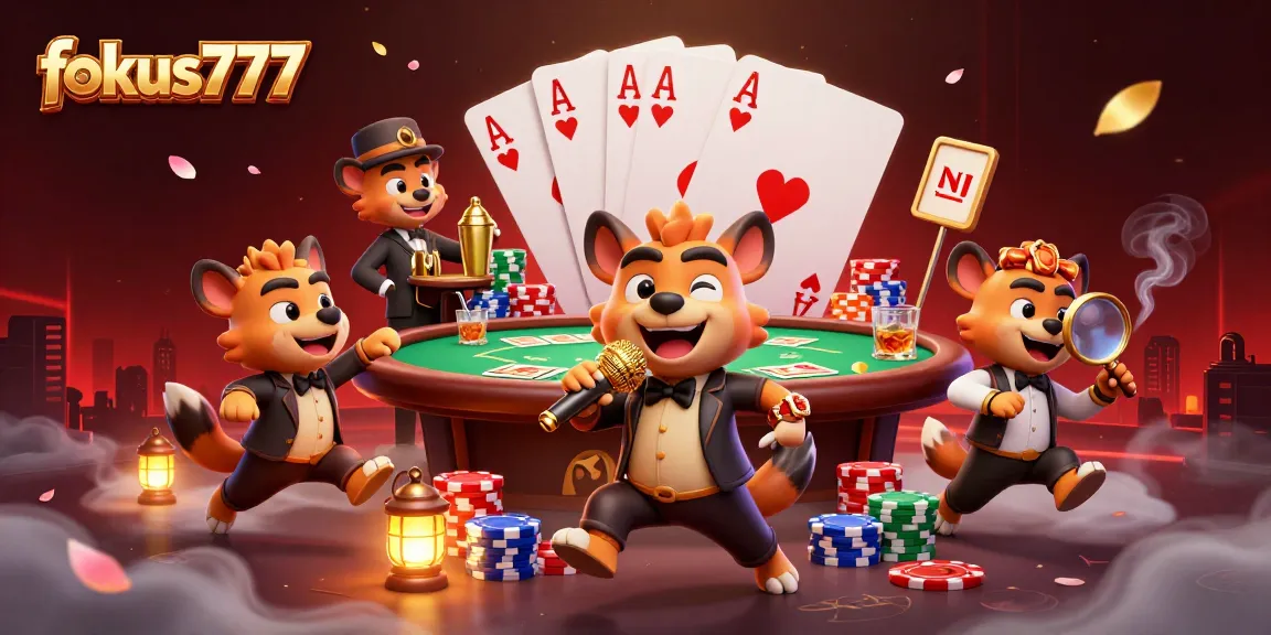 fokus777 showcases hyenas in a vibrant comedy casino scene, amusing players with poker tables and chips
