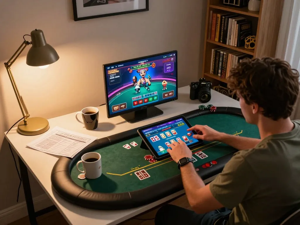 Engaging in online gaming at trang chủ fly88, showing a player analyzing poker strategies with a tablet.