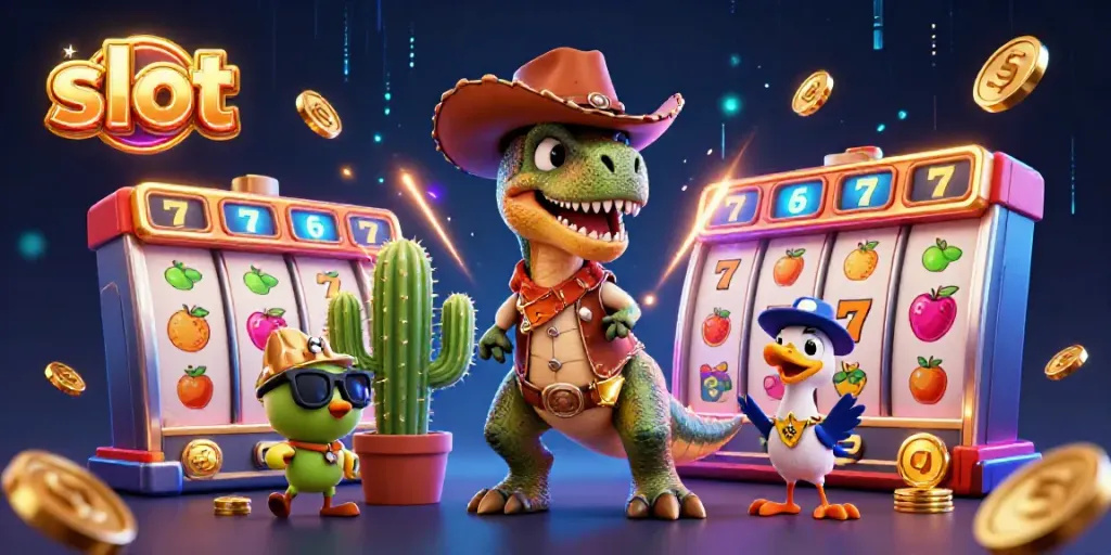 Spin the slot machine with the cowboy dinosaur and friends in an exciting casino scene.