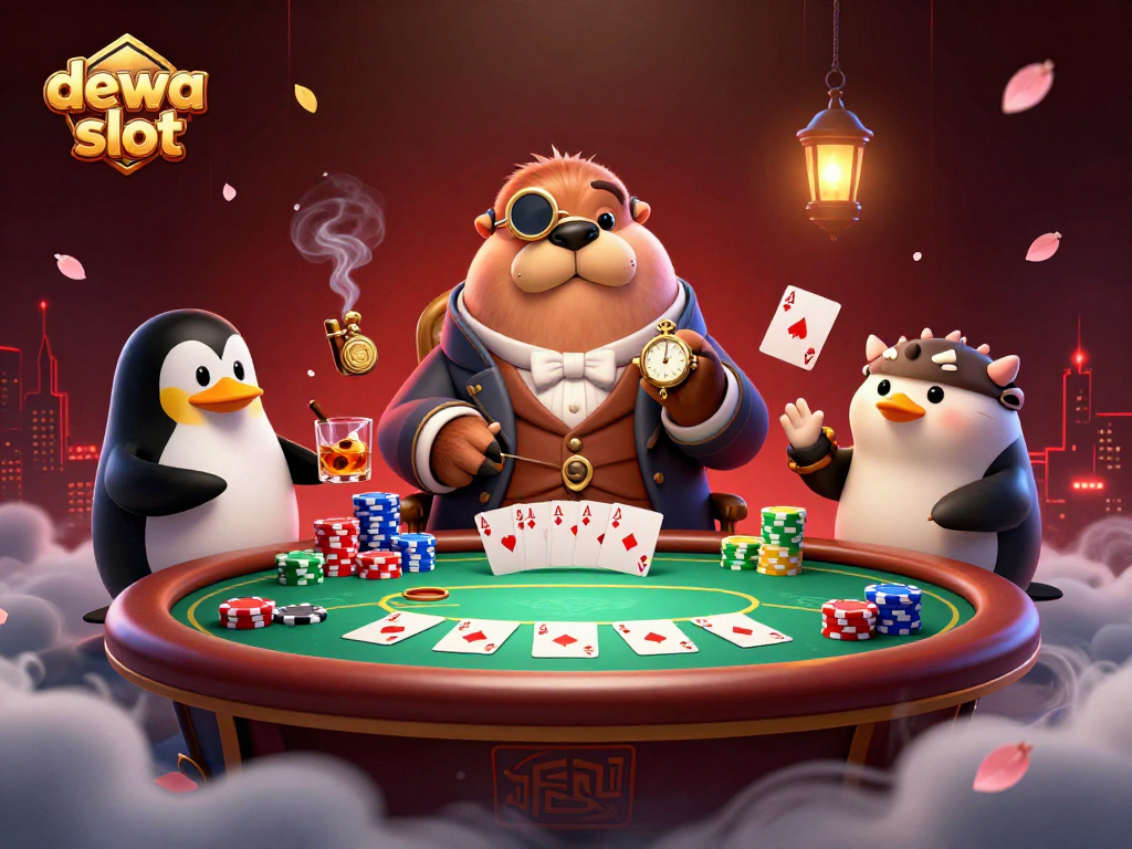 Bermain dewa slot di meja poker bawah laut dengan walrus dan penguin dealer, suasana penuh warna.