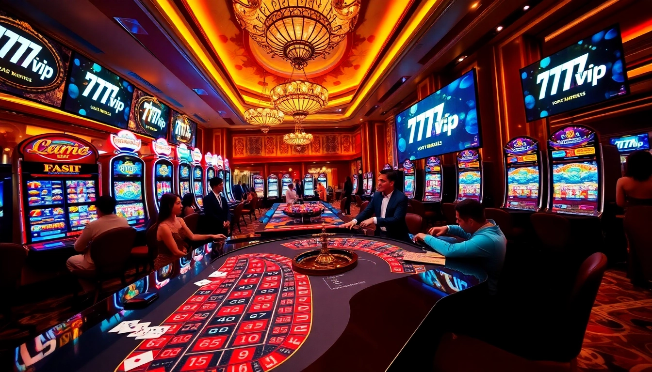 Experience the excitement of 777vip at a luxurious casino scene with elegant players and vibrant games.