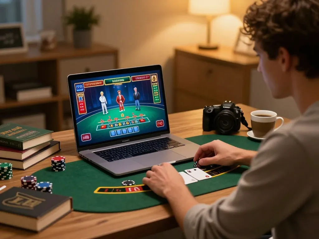 Player immersed in a live dealer blackjack game on God55 casino, showcasing engaging home gaming atmosphere.
