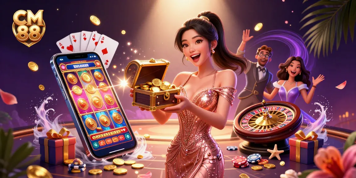 Experience CM 88's thrilling online slots with golden treasure and vibrant casino elements.