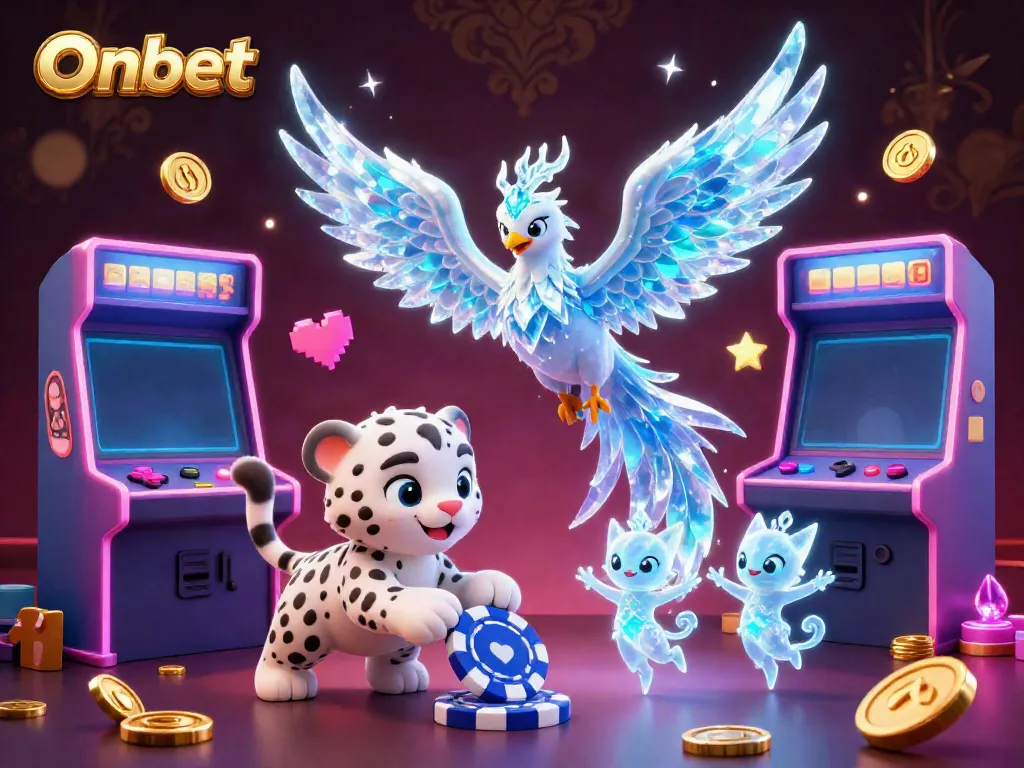 Experience the thrill at Onbet with an enchanting 3D scene featuring an ice phoenix, a playful snow leopard, and vibrant gaming elements.