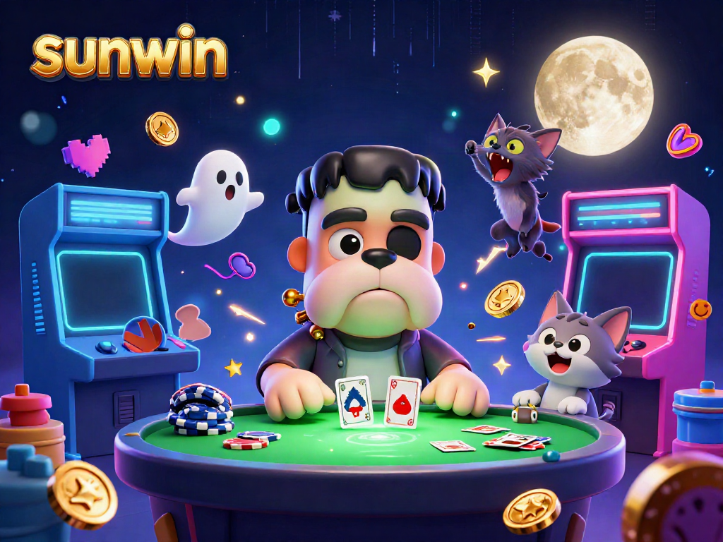 Experience vibrant casino magic with sunwin featuring a cartoon Frankenstein bulldog dealer at a haunted table.