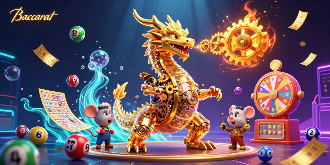 Baccarat illustration featuring a biomechanical dragon amidst vibrant gaming elements like lottery balls and a prize wheel, creating a dynamic casino atmosphere.