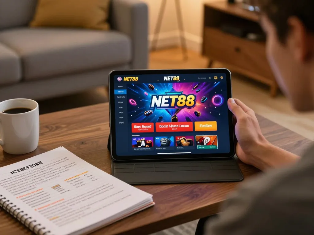 NET88 gaming enthusiast placing bets on the tablet while tracking strategies in a cozy setup.