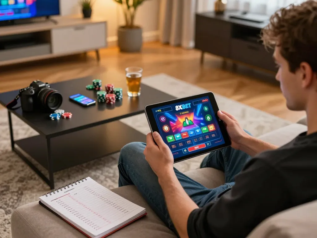 Player engaging with the 8xbet casino app on a tablet in a cozy home gaming setup.