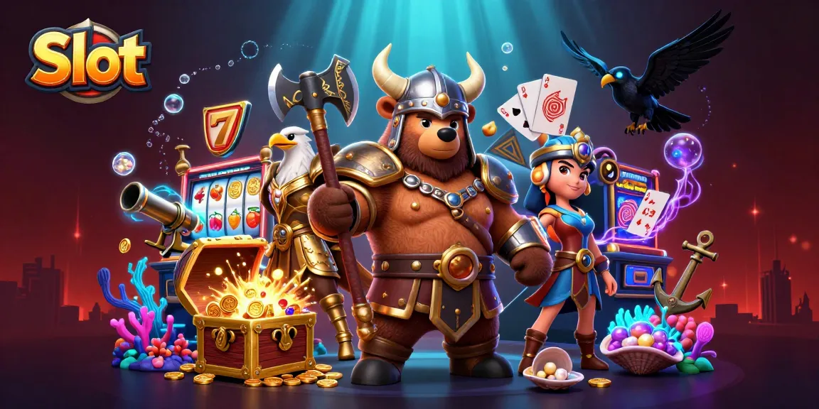 Spin the slot reels with Viking bear and Valkyrie eagle in a vibrant casino-themed scene.