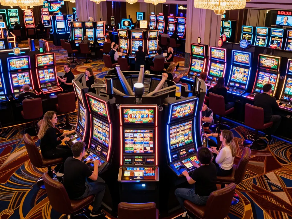 LGOLUX players celebrating wins at vibrant slot machines in luxurious casino.