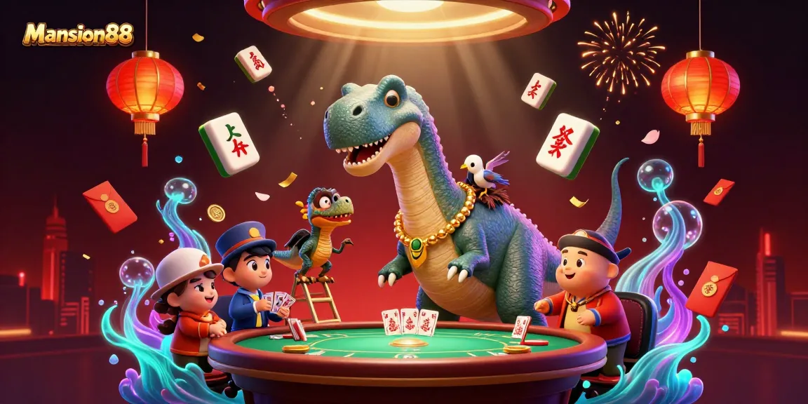 Mansion88 brings an exciting 3D casino scene alive with a giant brontosaurus, vibrant game elements, and festive decorations.