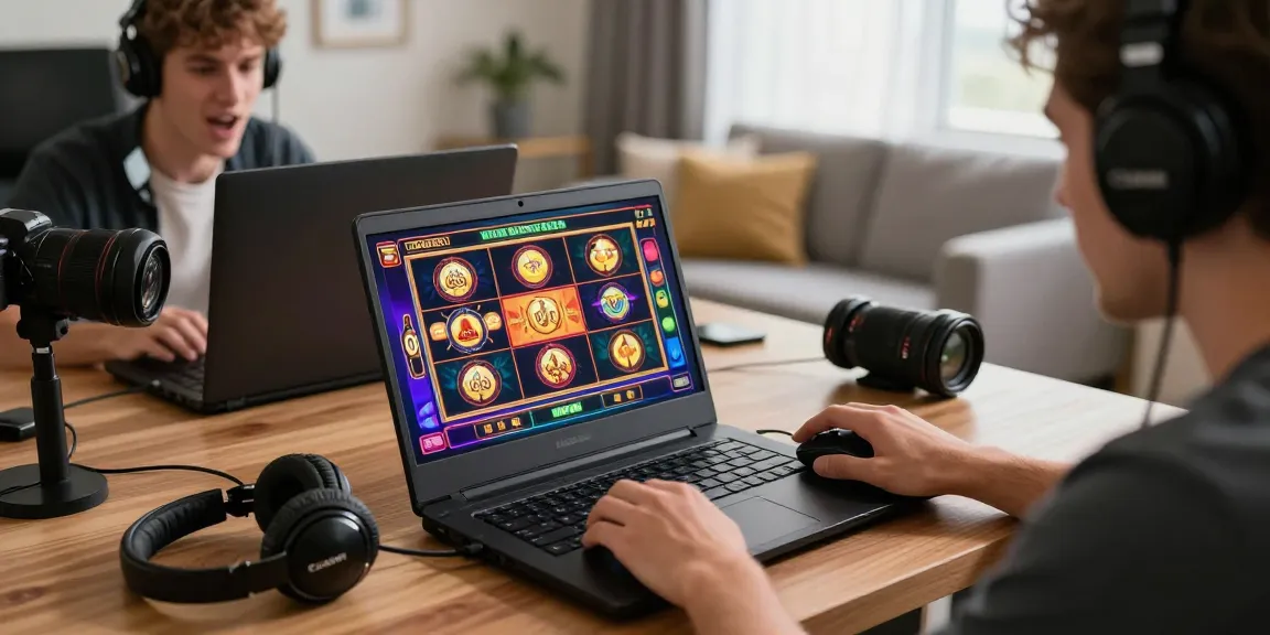 Engaging online gambling scene with mpocash player at laptop, colorful slot game displayed.