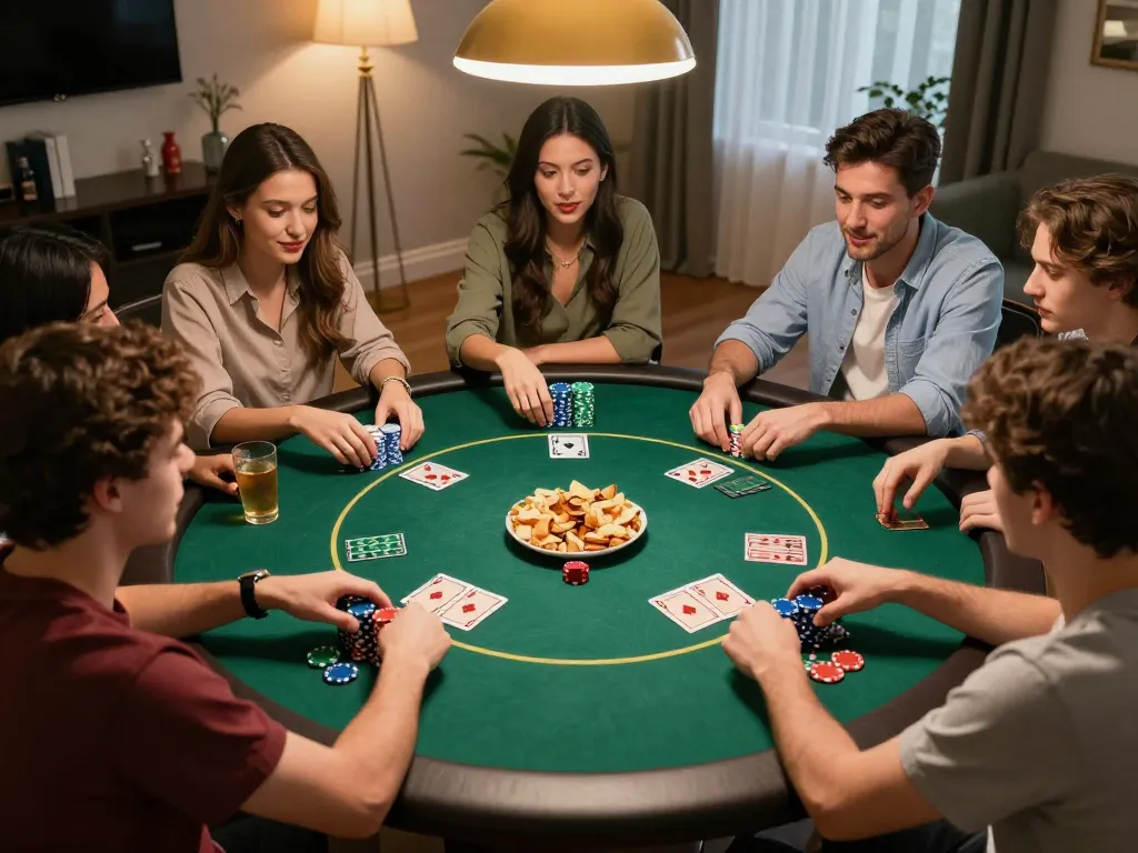 Engaging group of friends enjoying a poker night at home showcasing F8BET gaming excitement.